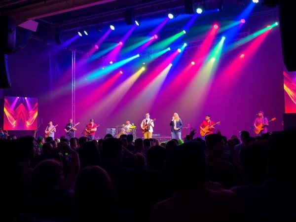 Oameni la concert cu artiști pe scenă și lumini.