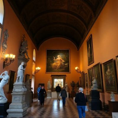 Interiorul unui muzeu din România cu opere de artă.