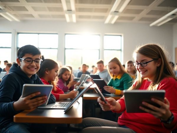 Elevi bucuroși folosind tablete moderne în sală de clasă.