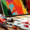 Pictură abstractă colorată, pensule, tuburi de vopsea.