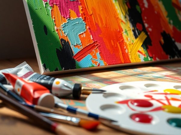 Pictură abstractă colorată, pensule, tuburi de vopsea.